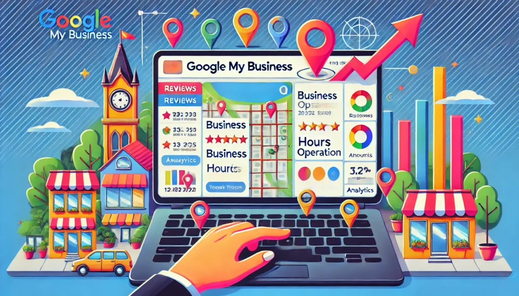 DALL·E 2024 12 18 02.49.14 A colorful and professional illustration of a business dashboard being managed on a laptop screen with key Google My Business features like reviews