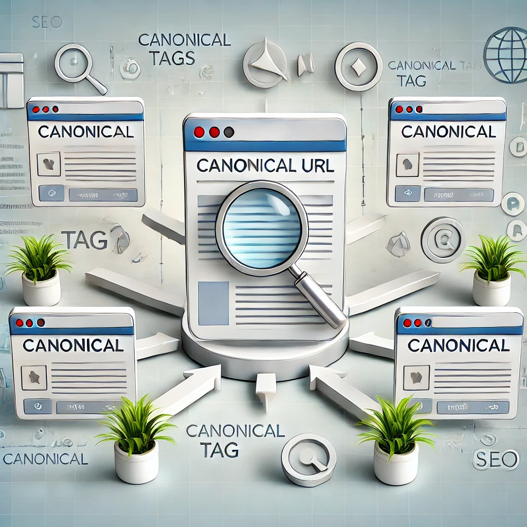 DALL·E 2024 12 22 22.12.44 A clear and visually appealing diagram illustrating the concept of canonical tags in SEO. The image includes a central webpage labeled Canonical URL