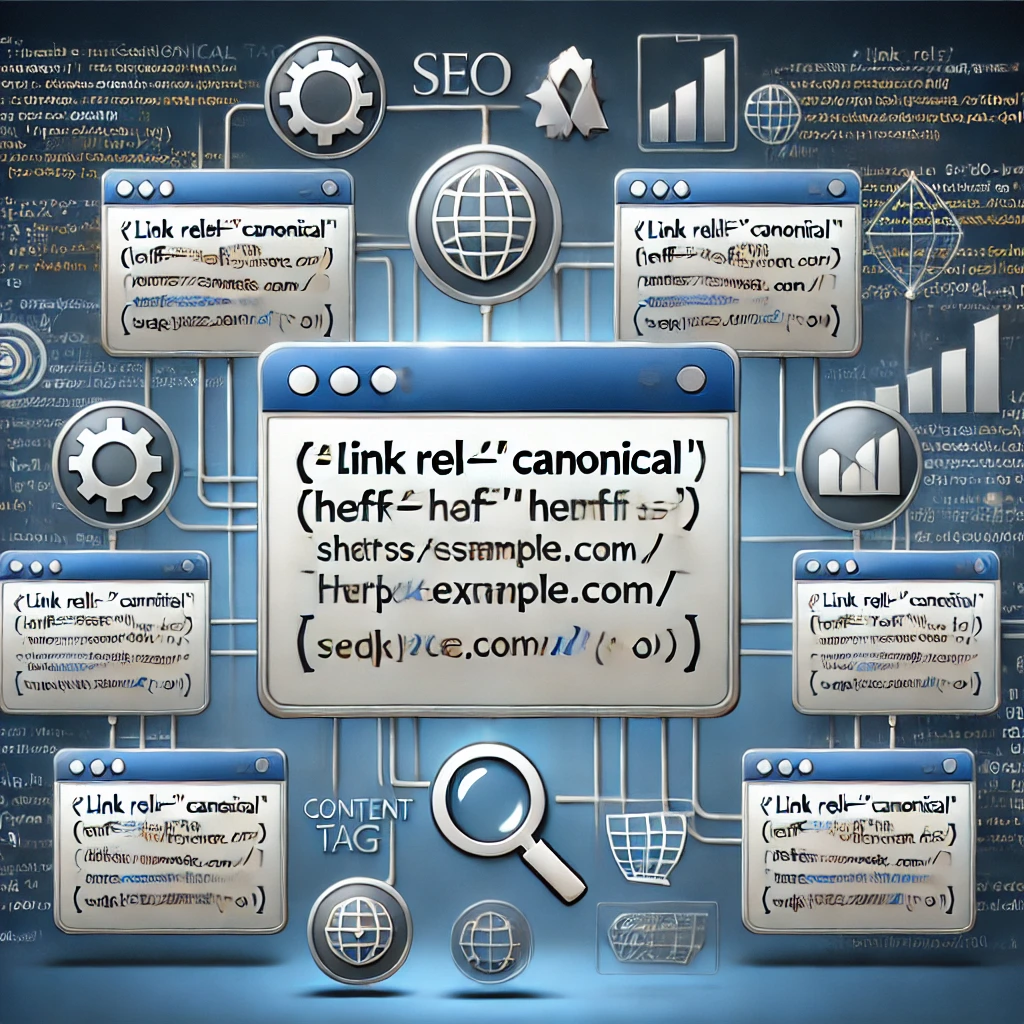 DALL·E 2024 12 22 22.35.51 An advanced conceptual illustration of the canonical tag in SEO and web development. The image features multiple interconnected browser windows with c